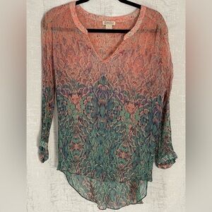 Gorgeous sheer Lucky Brand blouse with vibrant pink and greens.